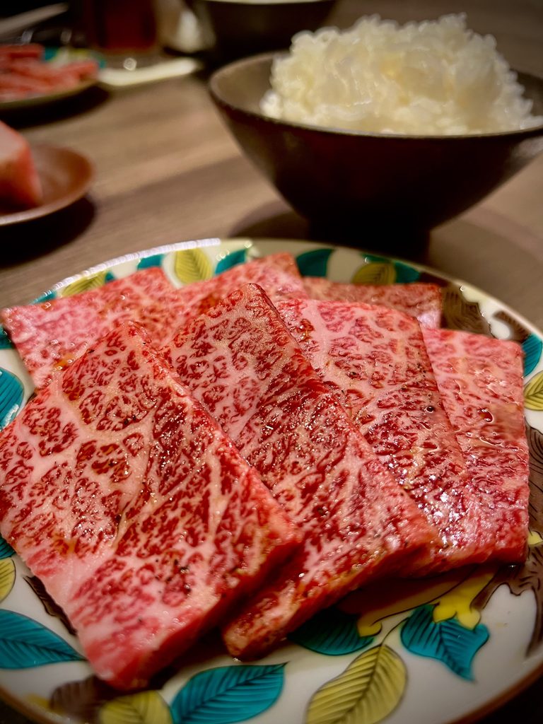 Close-up of thinly sliced, richly marbled wagyu beef fanned out on a hand-painted ceramic plate with green and yellow leaf motifs, with a bowl of steamed white rice in the background.